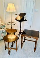 Group shot of nesting tables, end table, lectern, floor lamp