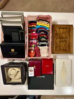 Overview of all items including watch winder, boxes, pouches