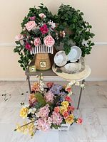 overall lot with faux arrangements, plates, mats, loose flowers and bench