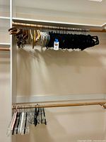 Full closet rod showing assortment of wood, velvet and plastic clip hangers