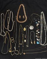 Group shot showing all necklaces, earrings, brooches and pins on black background