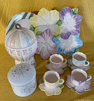 Entire set displayed: cookie jar, platter, plate, cups, saucers, trinket box