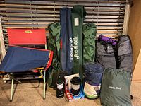 Full view of all camping gear items grouped together