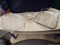 Overview showing three clear glass items: tray, bowl, square dish