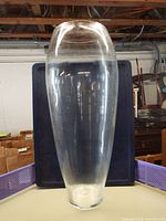 Full view of tall clear glass vase against background