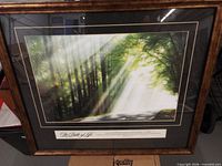 Overall view of framed print showing forest scene, mat, title and scripture