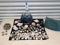 Wide view of entire lot showing shells, art glass panel, woven glass tray, bag of stones