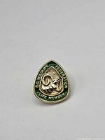 Front of teardrop-shaped gold and green B.C. Wildlife Federation Life Member enamel pin