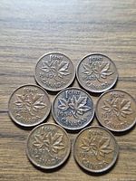 Front view of all seven Canadian 1 cent coins