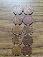 Column of 10 Canadian 1-cent coins all dated in the 1980s