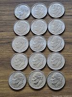 All 15 Roosevelt dimes obverse view