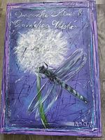 Full view of acrylic painting showing dragonfly and dandelion on purple background