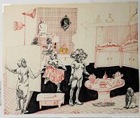 Overall view of one untitled pen & ink artwork showing figures and interior setting
