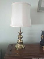 Full view of brass-tone lamp with shade on tabletop