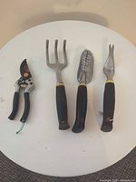 Front view of all four garden tools arranged on table