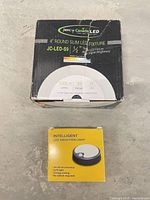 Retail box front of Jenco Canada LED 4" slim fixture and Intelligent LED induction light box