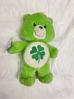 Full view of green Good Luck Bear plush with clover belly badge