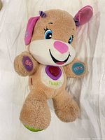 Front view of plush puppy showing labeled paws, heart button, and overall appearance
