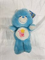 Full front view of Surprise Bear plush showing overall condition and hang tag attached