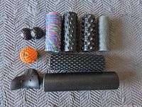 All nine items laid out showing variety of rollers and balls