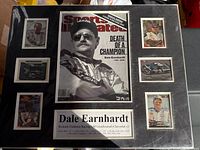 Full view of 16x20 matted Earnhardt display with magazine cover, six cards and nameplate