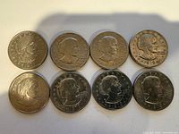 Eight Susan B. Anthony coins obverse side