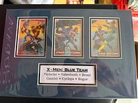 Front view of matted display showing three cards and title plaque