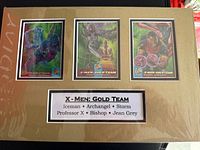 Front view showing entire matted display with three cards and roster label