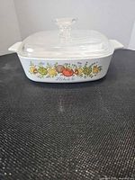 Front view of CorningWare casserole with lid