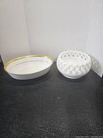 Overview of both bowls: oval porcelain Gold Buffet and lattice milk glass