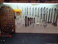 Overall view of pegboard with wrenches, sockets on board and rail