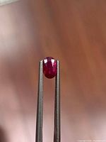 Front view of oval ruby held by tweezers