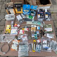 Overhead view of entire assortment of packaged hardware items