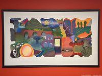 Full view of framed colourful art print on wall