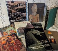 Front view of all nine books standing and lying to show covers, titles visible
