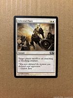 Front of Celestial Flare card shows artwork, mana cost, text box