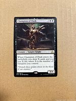 Front of Champion of Dusk card showing artwork, mana cost, text, rarity symbol