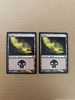 Front view of both Swamp cards side by side
