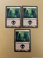 Three Swamp cards laid out showing artwork and borders