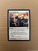 Front of Urgent Exorcism card showing artwork, card text, mana cost, set number