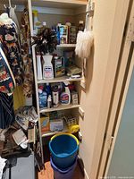Full closet view with shelves of cleaners, buckets and dusters