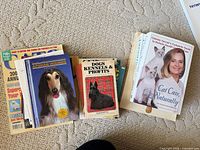 Group view of two stacks of cat and dog care books and magazines