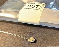 Necklace in bag with lot tag showing pearl and diamond pendant