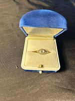 Ring in open blue velvet box, shows overall design and stone