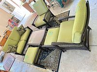Full view of six-piece patio set with cushions and pillows