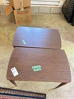 Top view of both side tables showing size, veneer grain and wear
