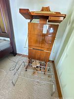 wood valet stand front view with shoe rack and shoe trees