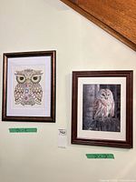 Both framed owl artworks hanging side by side for scale and comparison