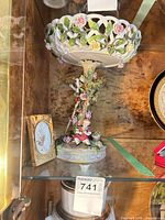 Full view of Dresden porcelain compote in cabinet