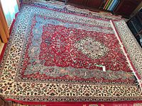 Full view of area rug laid flat showing pattern and borders